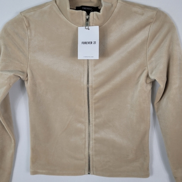 Forever 21 Tan Mockneck Full Zip Up Fleece Long Sleeve Crop Cardigan Size L NWT - Picture 2 of 6